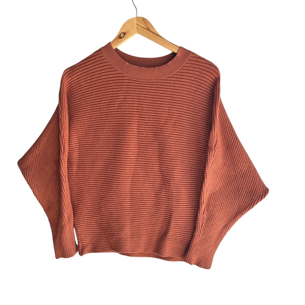 Unbranded Sweater Knit Dolman Sleeve Rust Knit Sweater Ribbed Crewneck Pullover